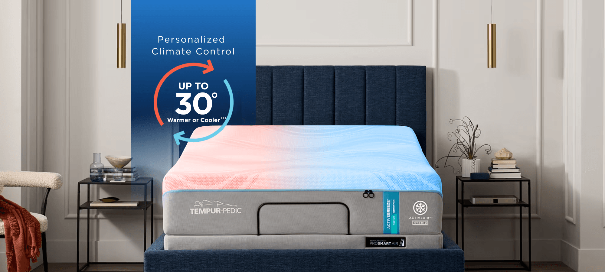 ActiveBreeze Bed in stylized room with up to 30 degrees warmer or cooler