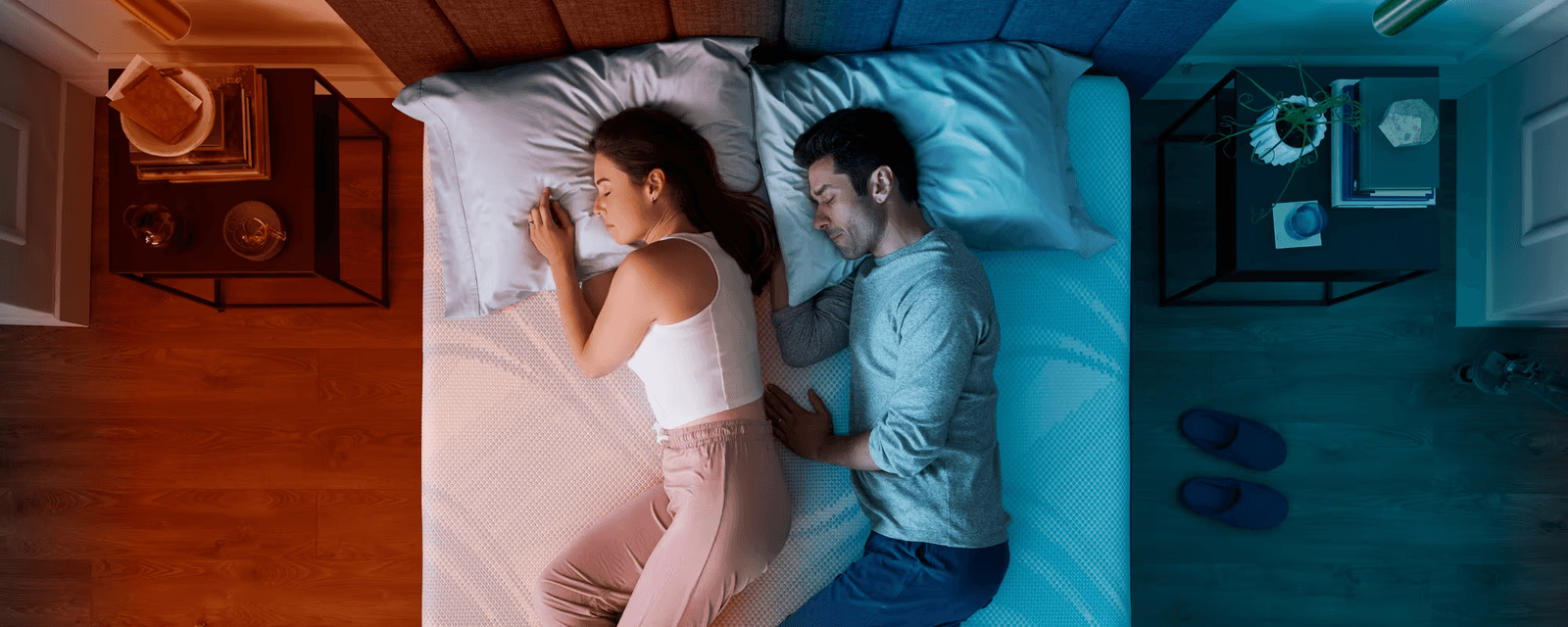 Man and woman sleeping on ActiveBreeze bed showing 30 degrees warmer and cooler sides