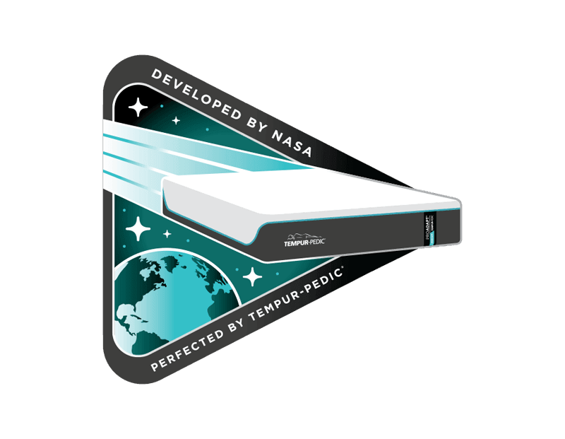 Illustration of mattress flying through space with the text "developed by nasa, perfected by tempur-pedic"